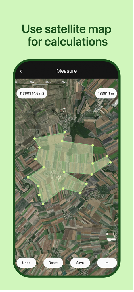 Geo Field Area app interface displaying land measurement on a satellite map