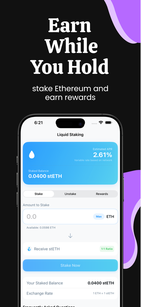 Ethereum Wallet - ETH & Tokens - Tela de staking líquido no aplicativo Carteira Ethereum mostrando recompensas de staking e saldo de ETH.