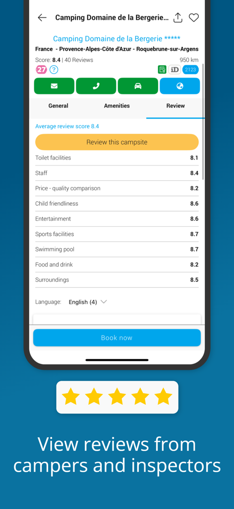 CampingCard ACSI app interface showing detailed campsite ratings and reviews.