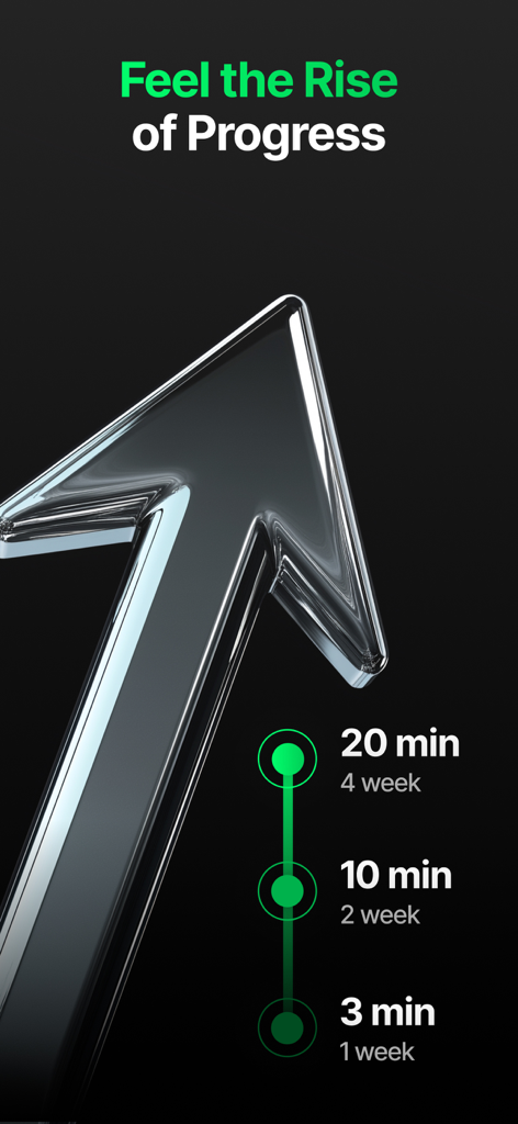 KegelUp: Kegel Trainer for Men - Ein 3D-Pfeil nach oben, der einen Fortschritt der täglichen Trainingszeiten von 3 auf 20 Minuten über 4 Wochen zeigt