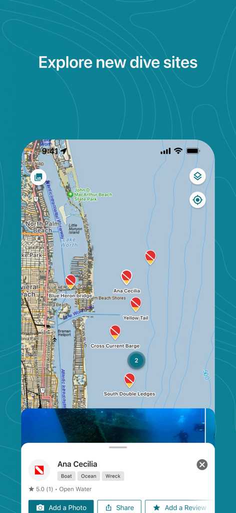 Garmin Dive app map view showing various dive sites and shipwreck information near the coast