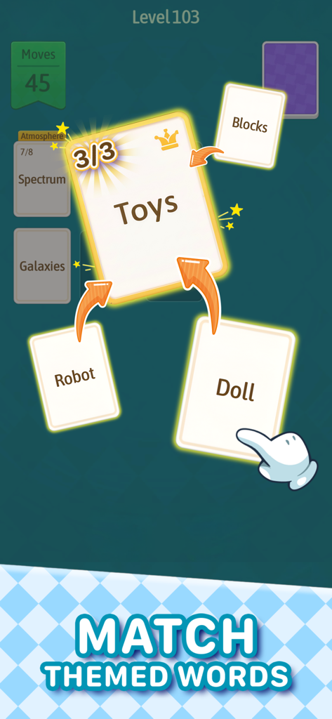 Gameplay of Solitaire Word Quest showing word cards like Robot and Doll matching the Toys category