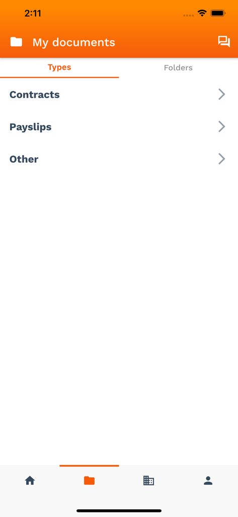 Coffreo - The Coffreo app interface showing the My Documents section with categories for contracts and payslips