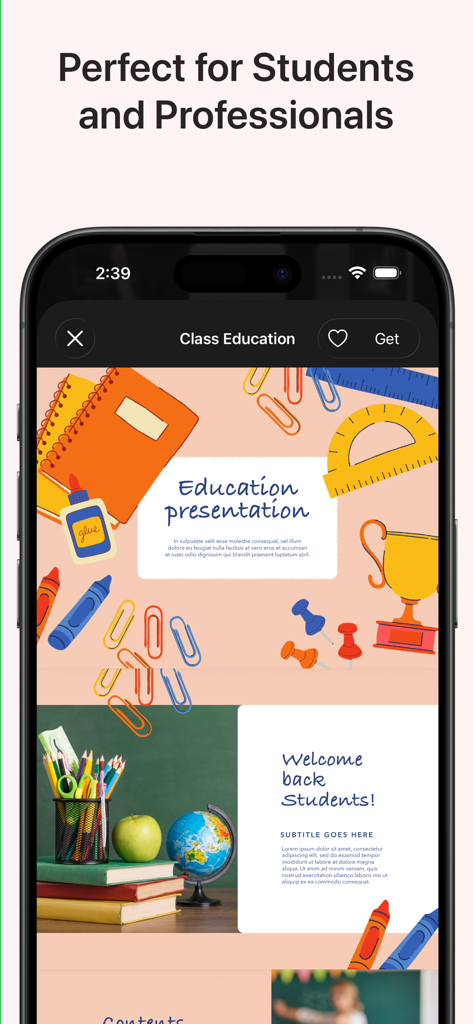 Mobile view of education-themed PowerPoint templates for students and teachers showing school supply illustrations
