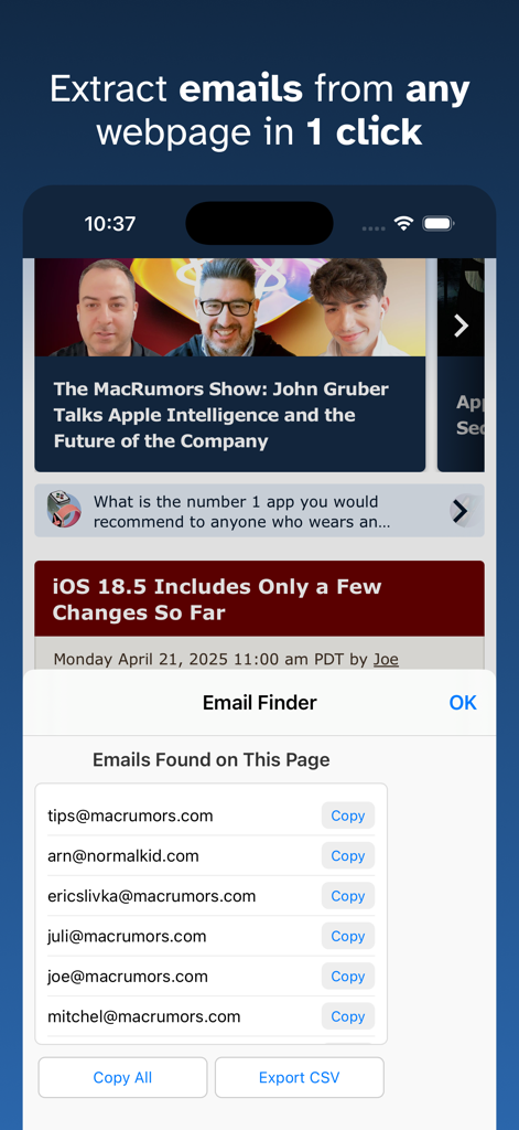 Email Finder for Safari - Screenshot of Email Finder for Safari extension displaying a list of extracted email addresses from a website with options to copy or export to CSV.