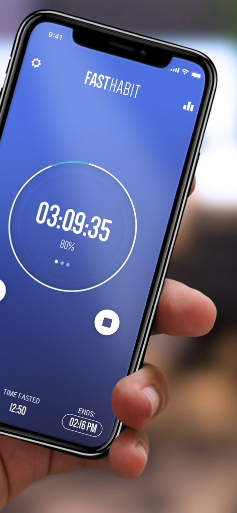 FastHabit Intermittent Fasting - A hand holding an iPhone displaying the FastHabit intermittent fasting timer and progress circle