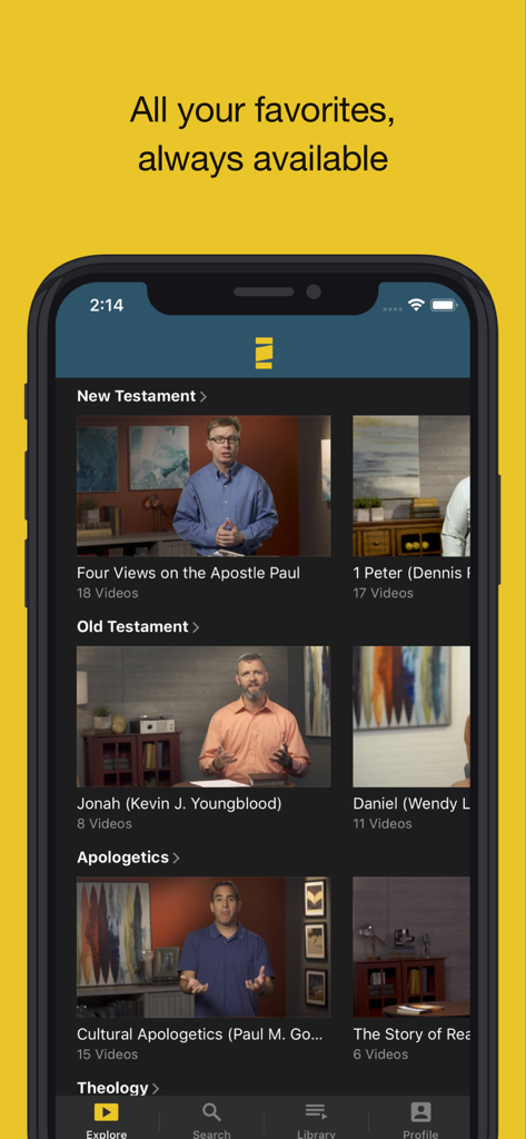 MasterLectures - Interface do aplicativo MasterLectures exibindo categorias de videoaulas teológicas, incluindo Novo Testamento e Apologética