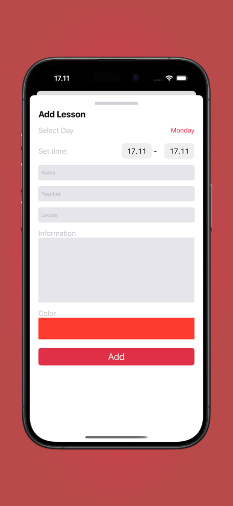 School Timetable & Task - Interface of the School Timetable and Task app showing the form to add a new lesson with fields for time, teacher, and color selection.