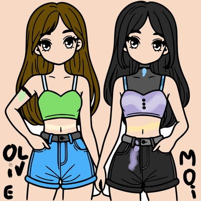 two sisters with crop tops and jean shorts and straight hair