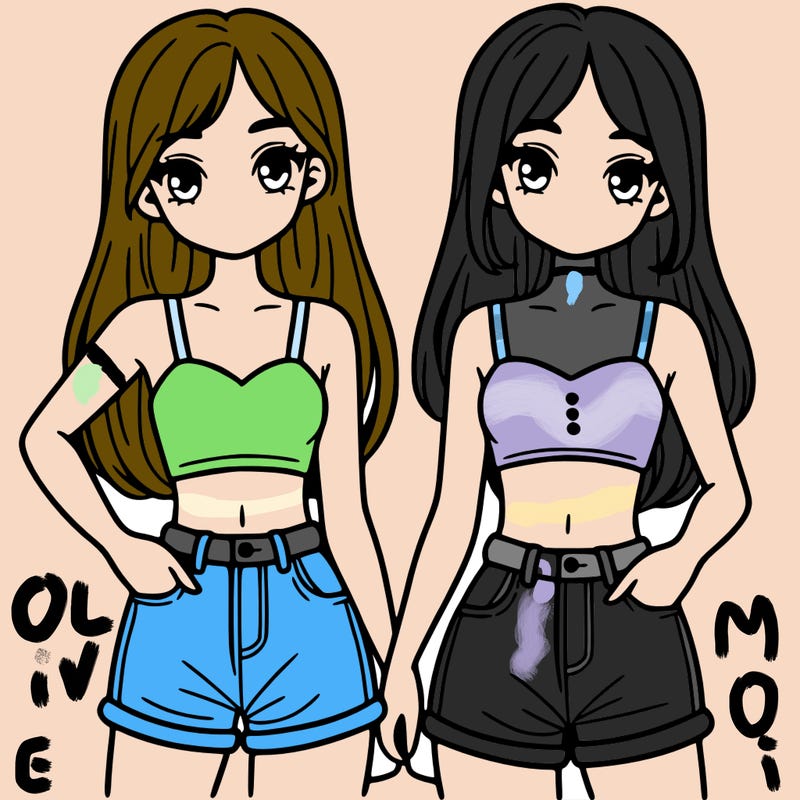 two sisters with crop tops and jean shorts and straight hair