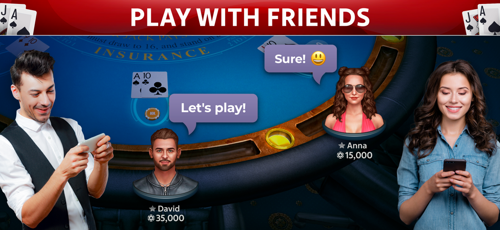 Two people playing blackjack on their smartphones with in-game chat bubbles and avatars