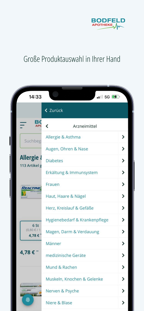 Bodfeld Apotheke e.K. - Bodfeld Apotheke App-Bildschirm mit einer Liste von Medikamentenkategorien wie Allergie und Asthma, Diabetes und Hautpflege