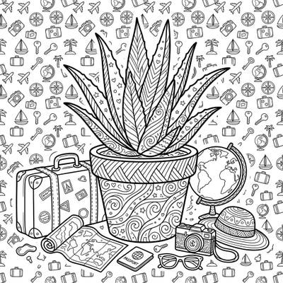 Combine your love for plants and travel with this delightful aloe succulent coloring page. Explore a world of intricate patterns and whimsical vacation elements, perfect for a relaxing creative escape.