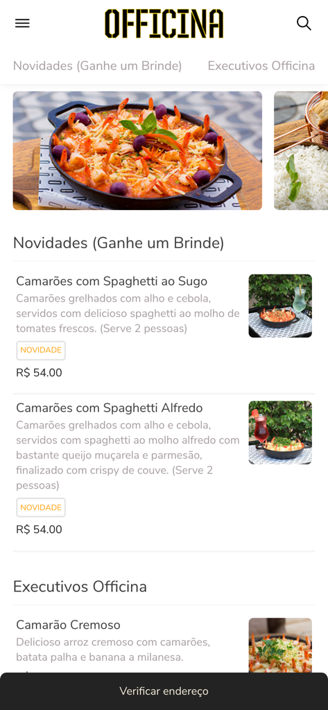 Officina Delivery - Officina Delivery app menu featuring shrimp and pasta dishes