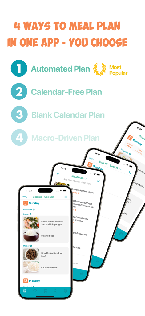 Real Plans - Meal Planner - Real Plans app interface showing four customizable meal planning methods on multiple iPhone screens