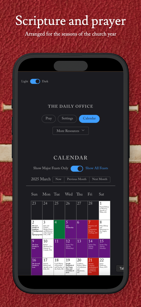A liturgical calendar in The Daily Office app showing church seasons and feast days for March 2025.