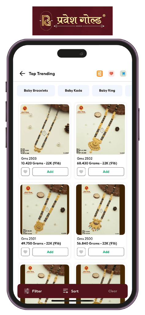 Pravesh Gold - A mobile app screen for Pravesh Gold showcasing a collection of traditional 22K gold Mangalsutra designs