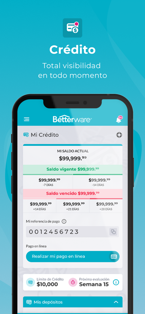 Betterware+ - Pantalla de la aplicación Betterware plus que muestra el estado del saldo de crédito y las opciones de pago en línea en español
