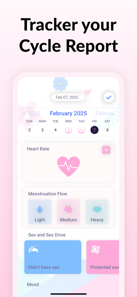 User interface of Period Tracker app showing menstruation flow intensity heart rate and sexual activity tracking options