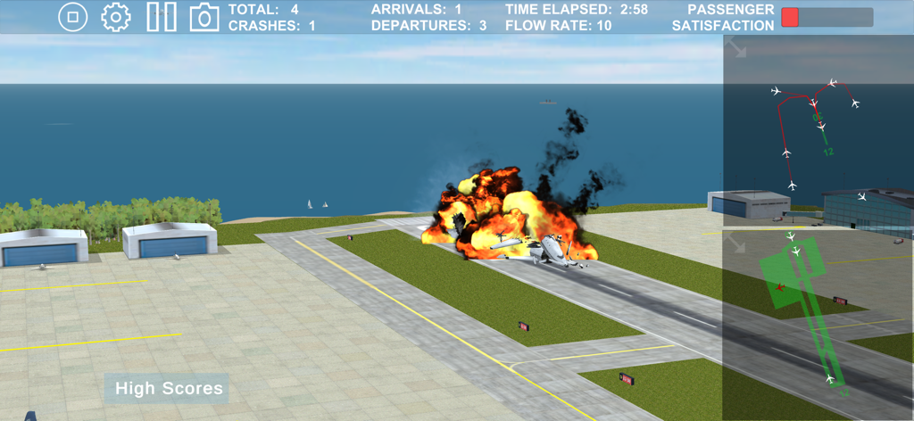 A dramatic airplane crash and explosion on an airport runway in the air traffic control simulator.