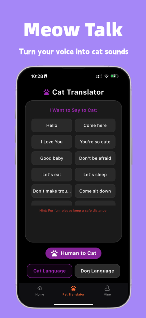 Interface of the Pettaa app showing the Cat Translator feature with options to translate human phrases into cat sounds.