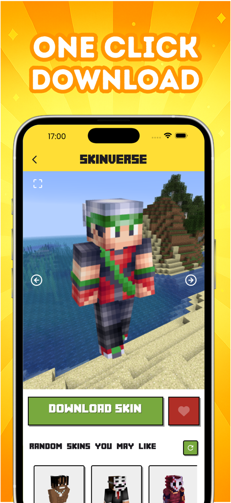SkinVerse: Skins for Minecraft - A smartphone showing the SkinVerse app interface with a 3D Minecraft skin preview and a download button