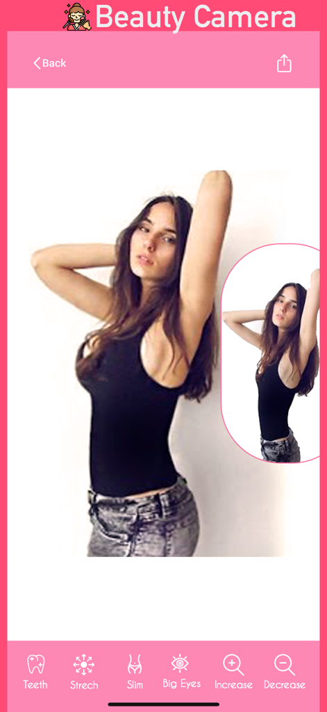 Beauty Camera: Perfect Ai Face - Beauty Camera app interface showing body editing features like slimming and stretching for photos