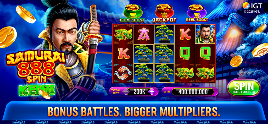 Samurai 888 Spin Kenji slot machine interface with a Japanese temple background in Hard Rock Jackpot Planet app.