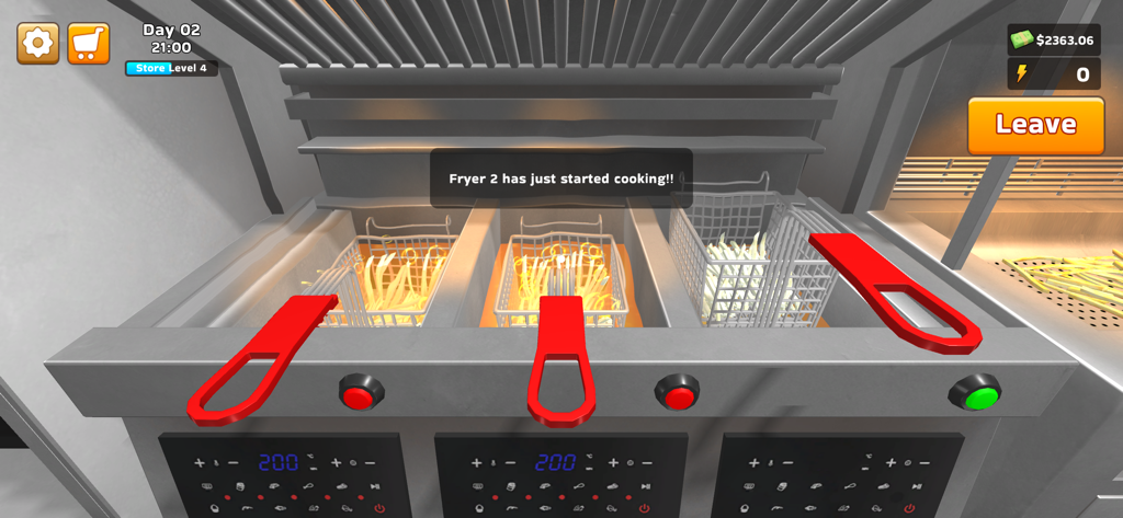 First person perspective of frying food in a professional kitchen simulation