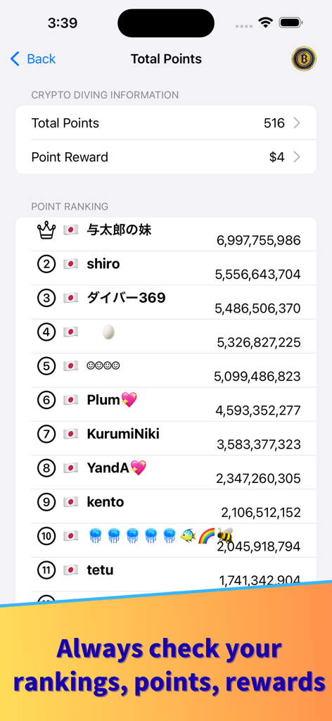 Captura de pantalla de la aplicación CryptoDiver que muestra la tabla de clasificación de puntos y las recompensas totales