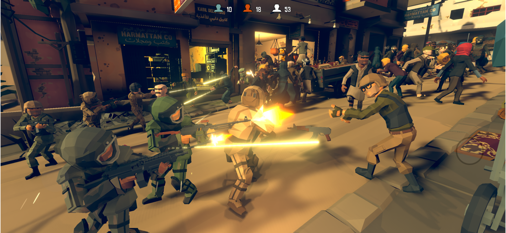 A low-poly urban street battle in Warbox Sandbox with soldiers firing weapons and muzzle flashes.