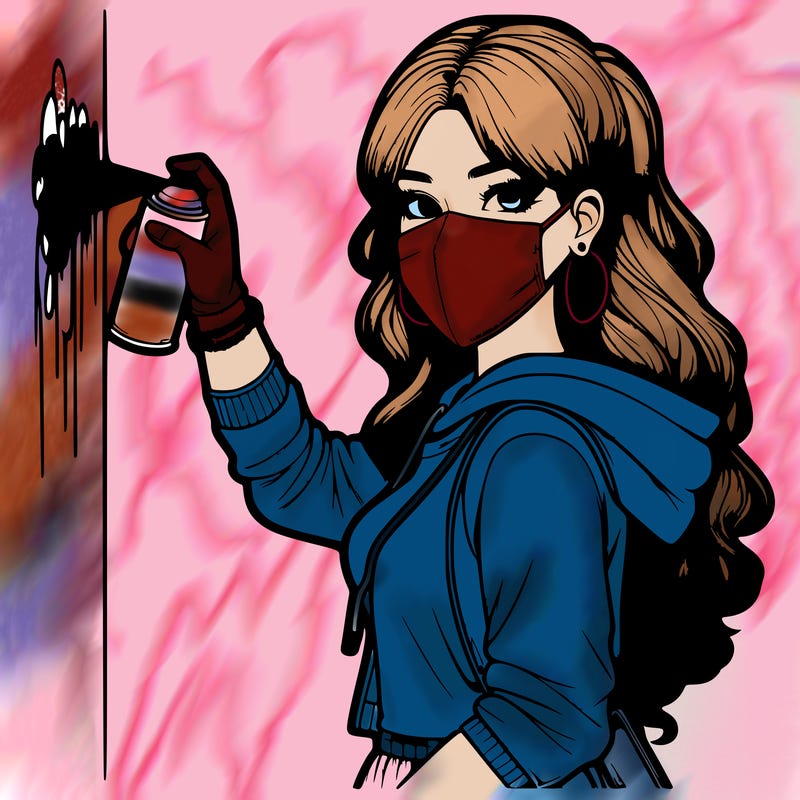 realistic girl with mask spray painting a wall