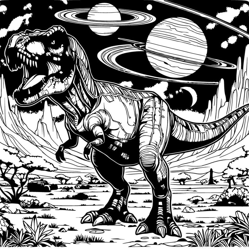 realistic galactic t-rex with a beautiful scenery behind him