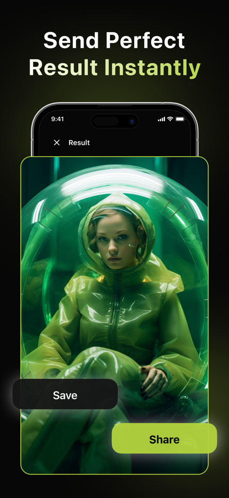 Motion : AI Video Generator - A screen from the Motion app showing an AI generated futuristic video result with save and share buttons.