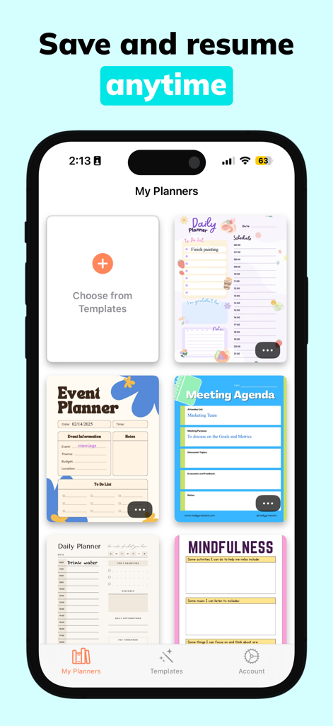 Daily Planners Organizer Todo - Pantalla de la aplicación móvil que muestra varias plantillas de planificadores digitales estéticas como planificadores diarios, agendas de reuniones y diarios de mindfulness
