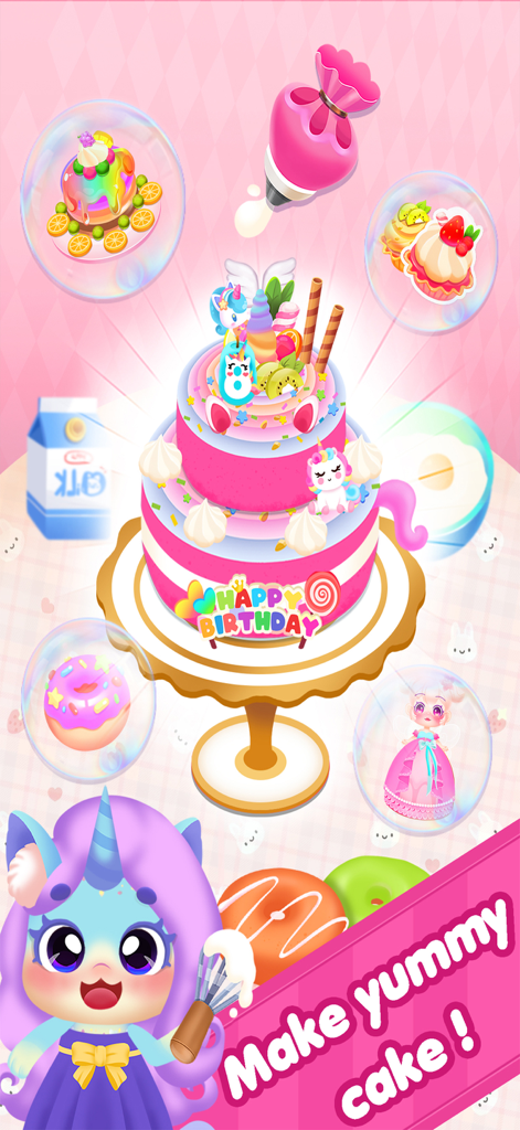 A colorful tiered birthday cake being decorated in the BonBon Makeup and Dress Up game