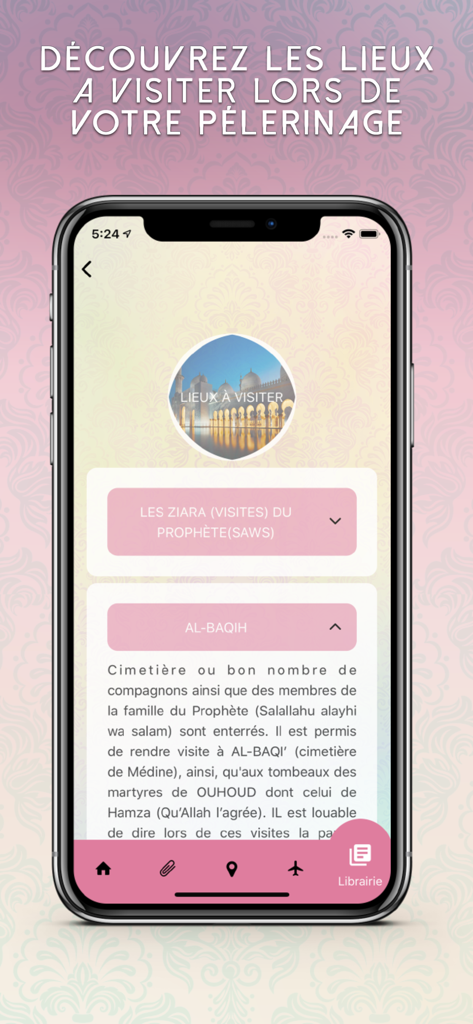 A smartphone screen from the Omra and Hajj app showing a guide to religious and historical sites to visit during the pilgrimage