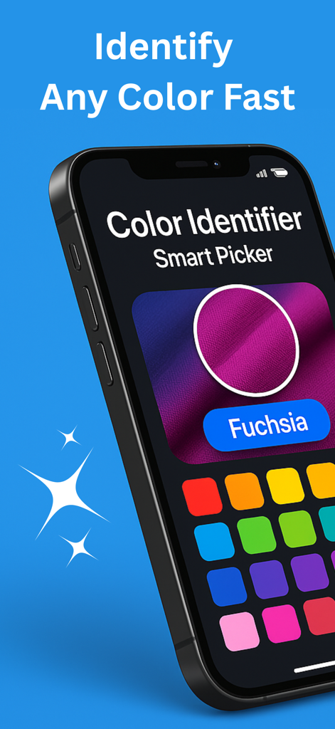 스마트폰에 Color Identifier Smart Picker 앱 인터페이스가 표시되고 질감에서 푸크시아 색상 견본을 식별합니다.