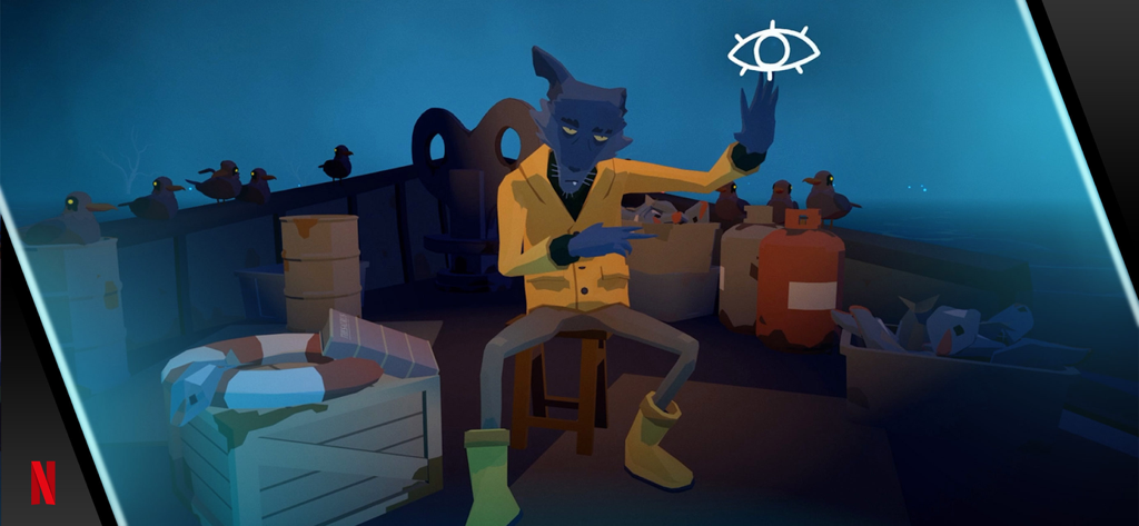 Before Your Eyes - Il personaggio del traghettatore lupo in un impermeabile giallo seduto su una barca di notte nel gioco Before Your Eyes