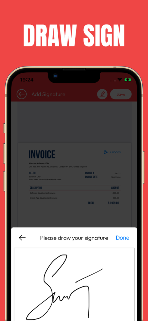 Benutzer zeichnet eine digitale Signatur auf ein PDF-Dokument mit einer mobilen App-Oberfläche