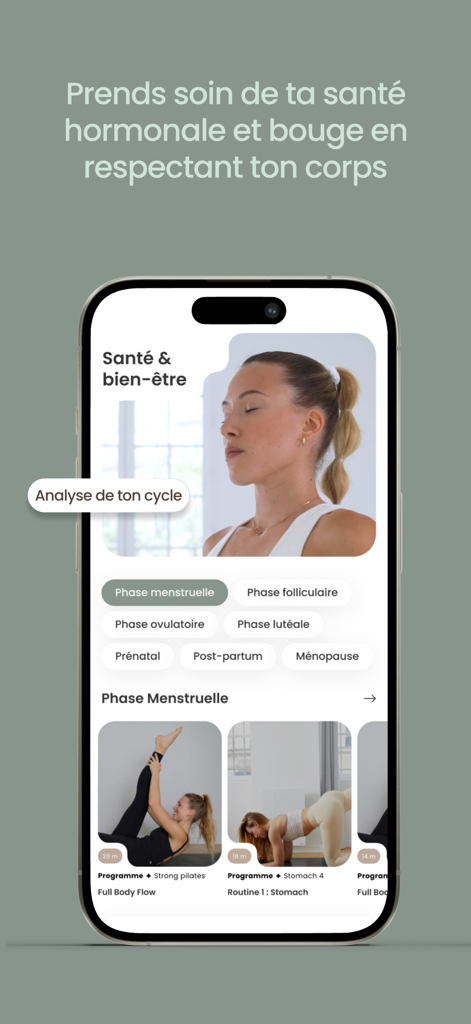 BBA Studio - Capture d'écran de l'application BBA Studio montrant des programmes de santé hormonale et des options de suivi des phases du cycle menstruel.