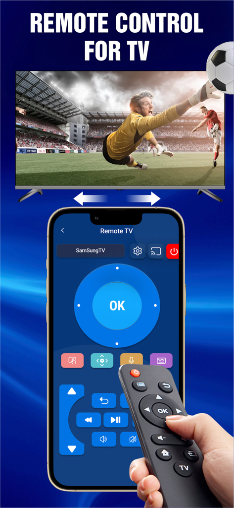 Pantalla de iPhone mostrando un control remoto virtual para Smart TVs con un partido de fútbol en el televisor de fondo