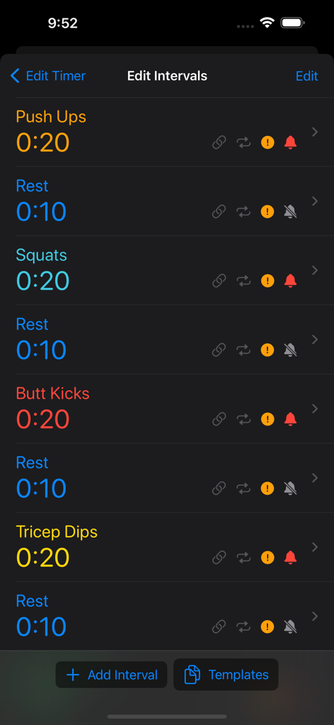 Just Timers - Interfaccia per la modifica di intervalli di allenamento e riposo personalizzati nell'app Just Timers