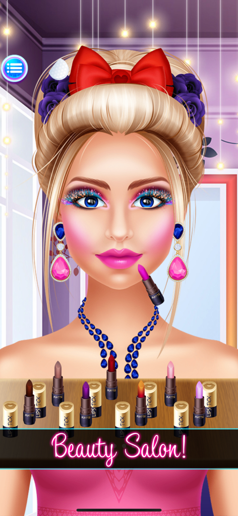 Girl character with colorful makeup and red bow choosing lipstick in a virtual beauty salon
