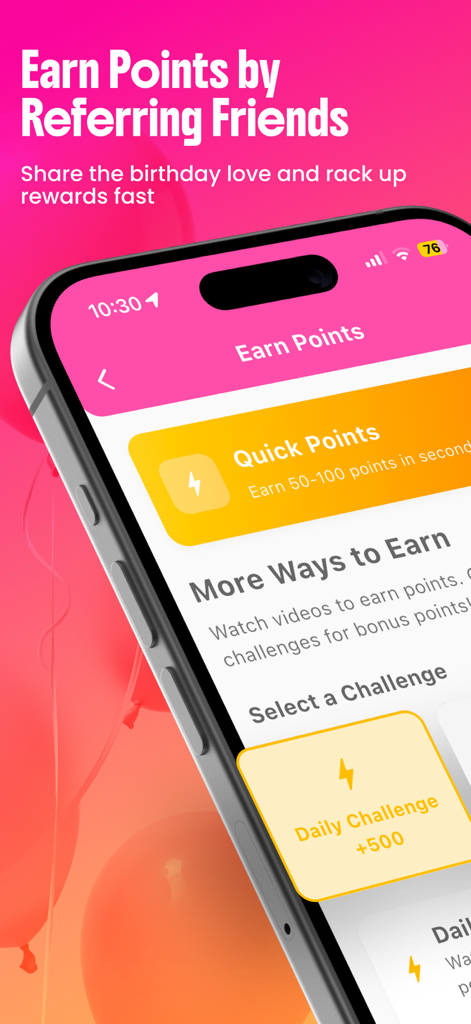 Birthday Hunter: BDay Freebies - Birthday Hunter app screen showing referral rewards and point earning challenges