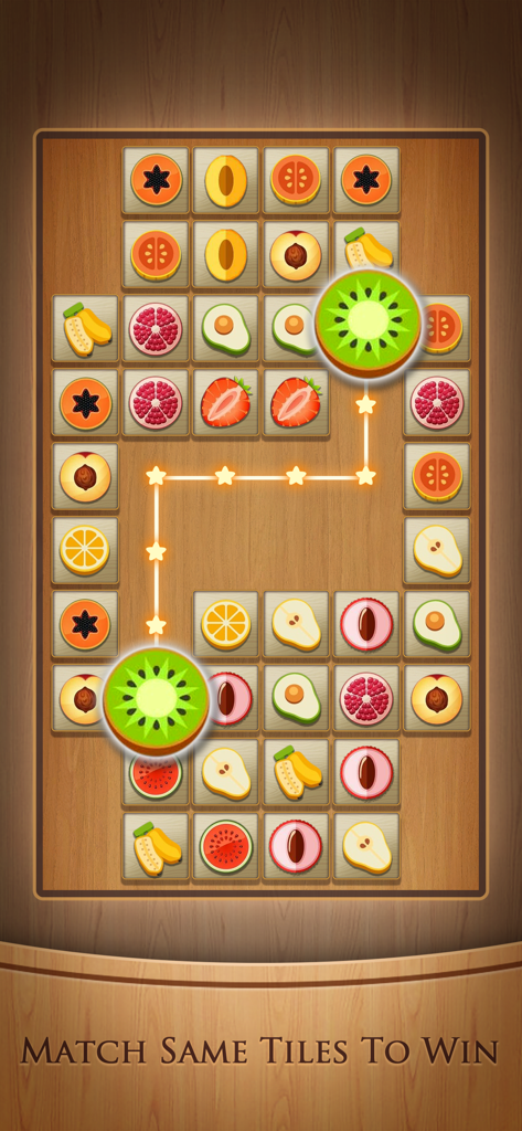Tile Connect: Matching Games - 木製のボード上の光る線でフルーツタイルがマッチングされているTile Connectのゲームプレイ画面。