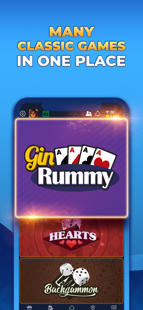 VIP Games: Card & Board Online - Pantalla del menú de la aplicación VIP Games mostrando selecciones de Gin Rummy, Hearts y Backgammon