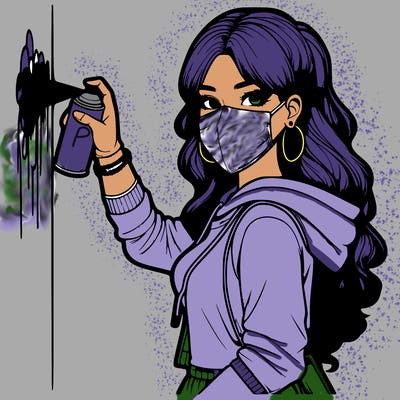 realistic girl with mask spray painting a wall