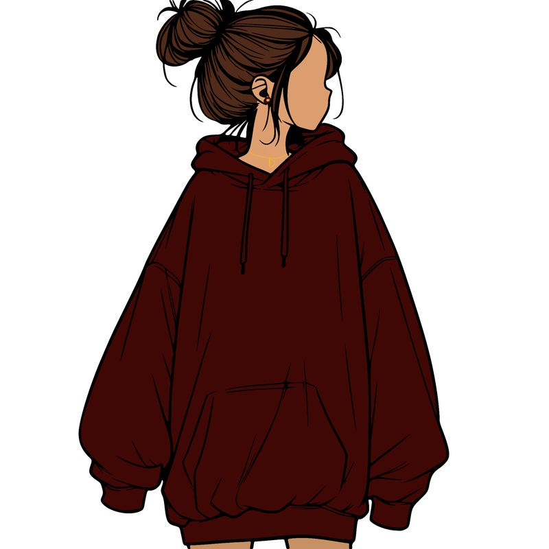 realistic girl with a oversized sweatshirt on and a bun