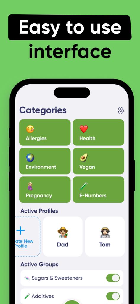 Allergy & Food Scanner, Nosher - Nosher app interface showing food allergy and health categories with family profiles